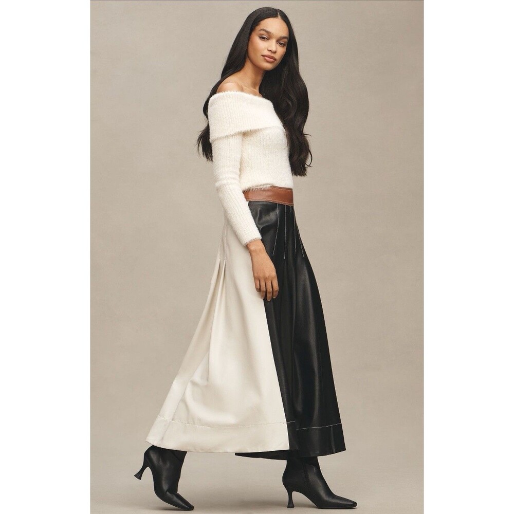 Anthropologie Maxi Skirt Faux Leather Colorblock Pleated Preppy Retro Sz 16P NWT